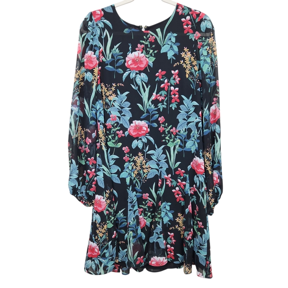 Tommy Hilfiger Black Floral Sheer Chiffon Midi Dress Balloon Sleeve Women Size 8